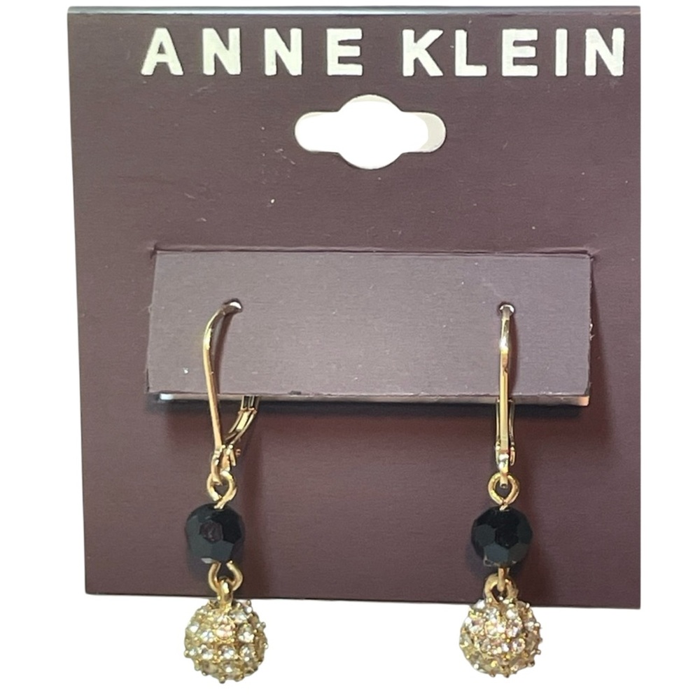 🆕Anne Klein Gold Tone Black Bead and Sparkle Ball Dangle Lever Back Earrings